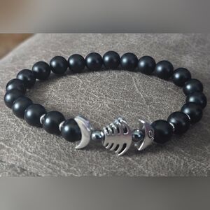 Natural Black Onyx Beaded Bracelet with Silver Fish Bone Charms.
